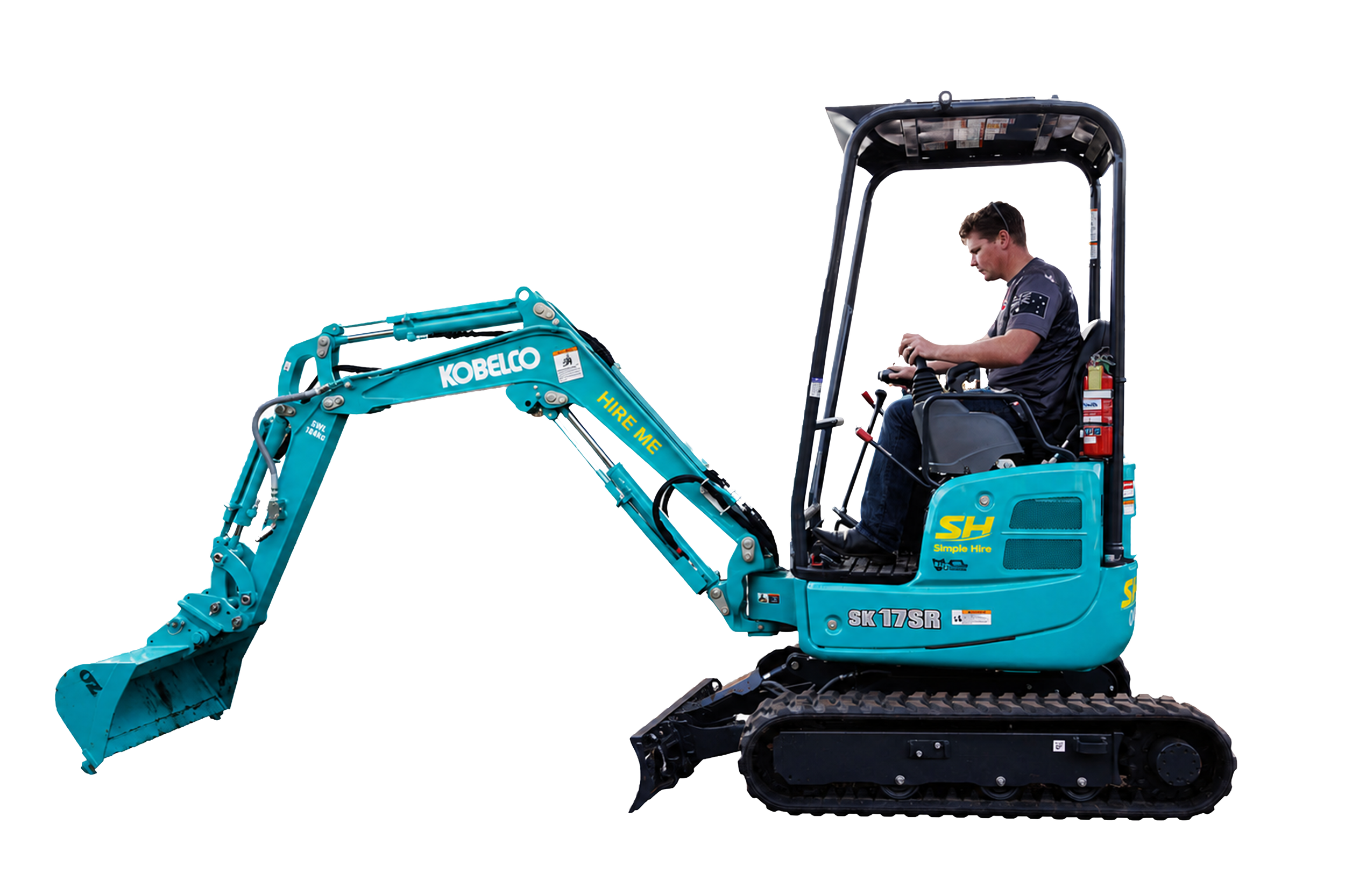 A man operating a blue mini excavator with a black cab, sitting inside, controlling the machine with his left hand, with the Kobelco logo on the arm and various safety and operational labels visible on the equipment.