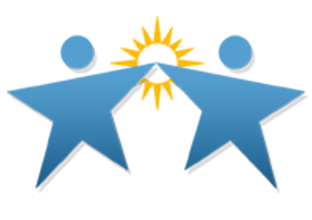Two blue cartoon people holding hands with a yellow star above their heads.