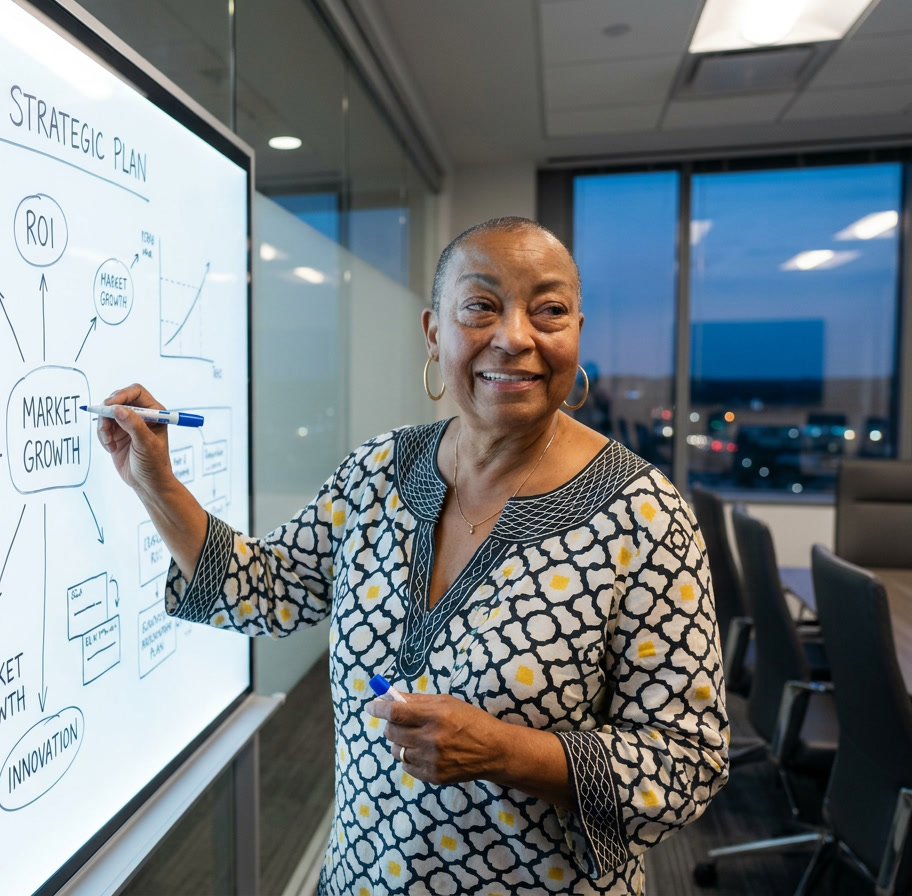 A woman standing in front of a whiteboard with a business strategy diagram, smiling and pointing at the board with a marker.