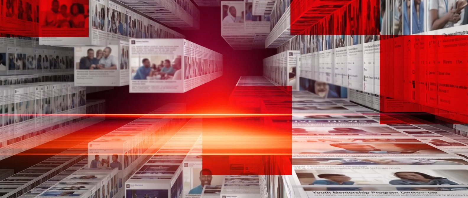 Digital rendering of a news feed tunnel with floating newspaper headlines and images, illuminated by a red light, creating a sense of digital information flow.