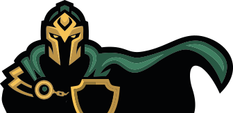 A stylized illustration of a medieval knight's armor with a helmet, shield, and sword, in black, gold, and green colors.