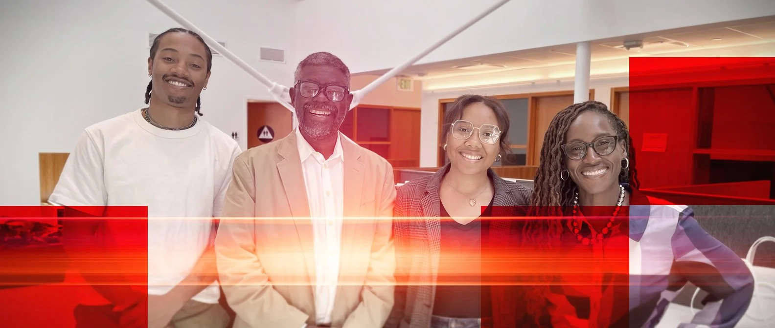 Group of four smiling diverse people standing together indoors with red overlay effects.
