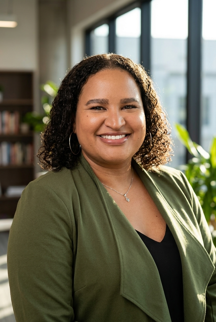 A smiling woman with curly hair, wearing a green blazer and jewelry, standing in a well-lit office with large windows and plants in the background.
