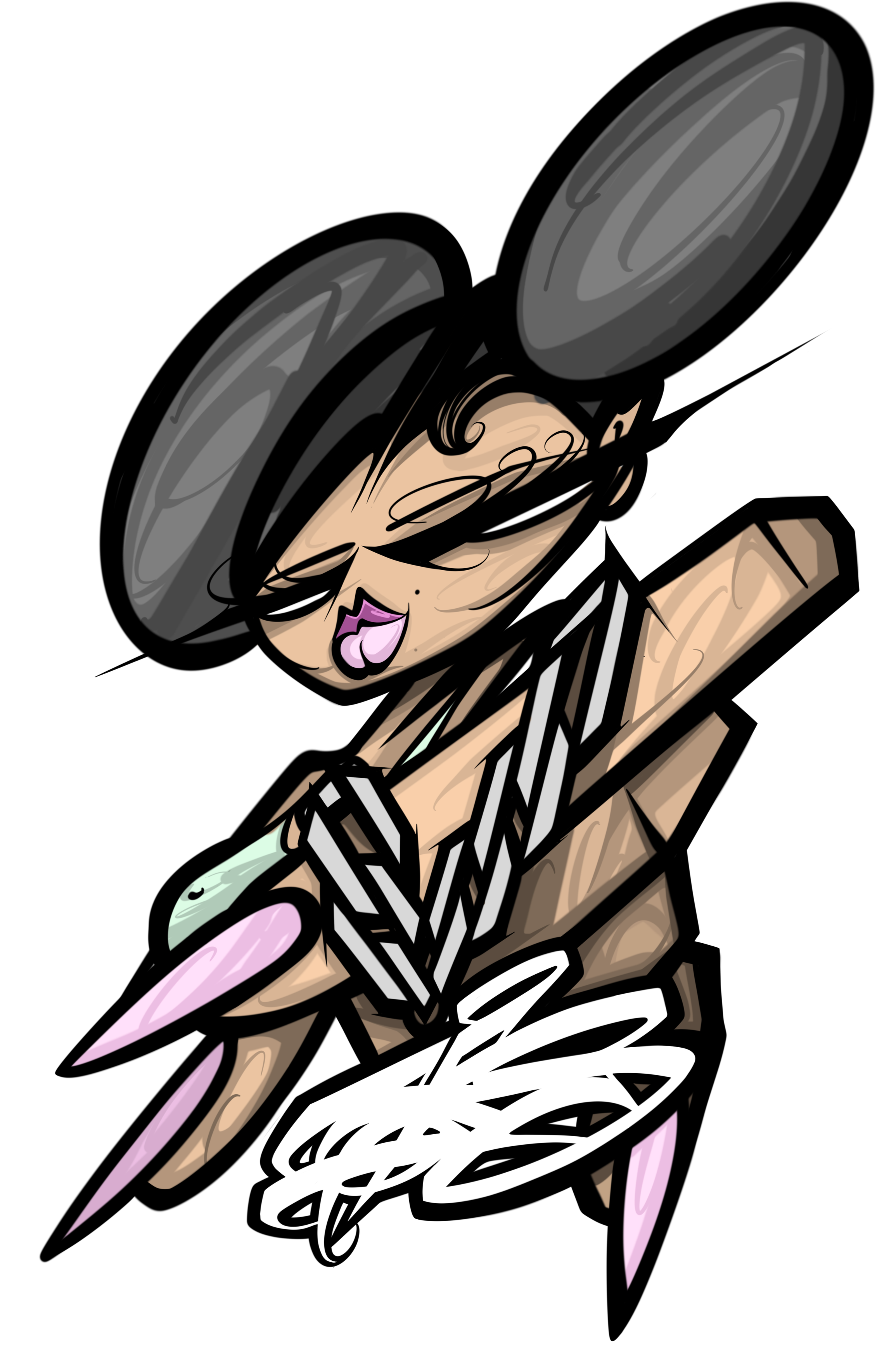 Stylized illustration of a woman with black hair, wearing a gray hat, beige and black striped clothing, holding a pink sword, with a dramatic pose.