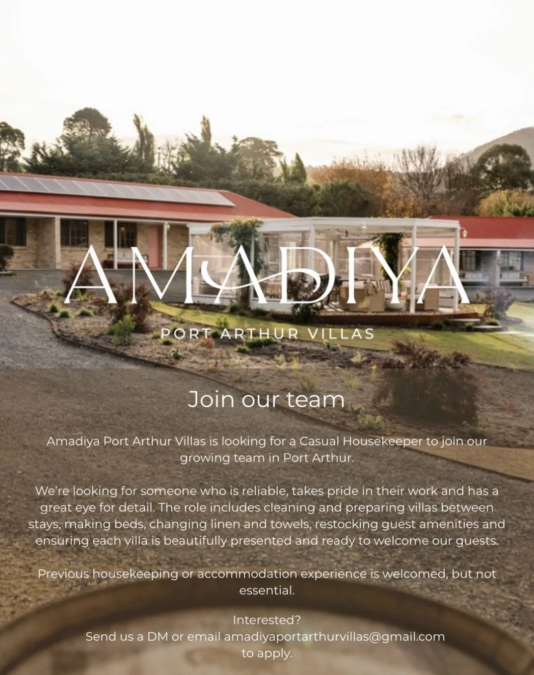 We&rsquo;re growing our team at Amadiya Port Arthur Villas 🤍

We&rsquo;re currently looking for a casual housekeeper. As our site and guest offerings continue to grow in the coming months, there will also be opportunities for the right person to gro