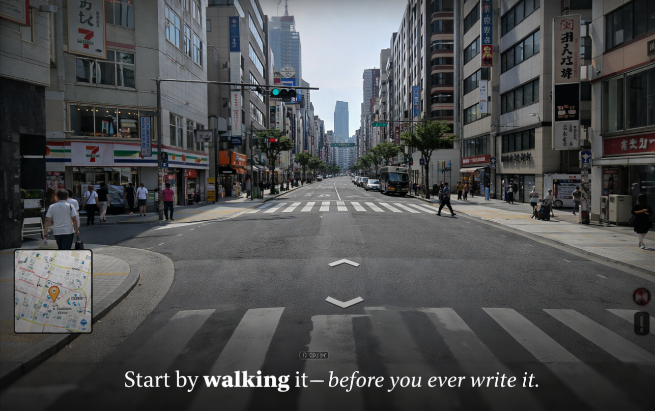 Google map image with stop light in japan city street AI generated with arrows for street view