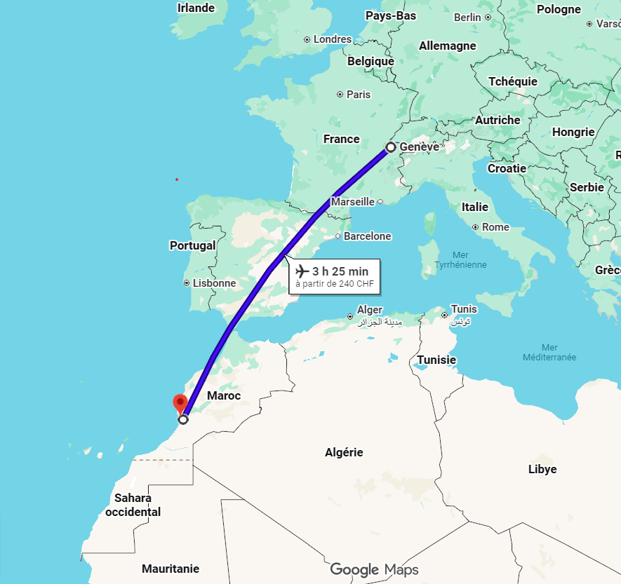Carte illustrant un vol entre Genève, en Suisse, et Casablanca, au Maroc, avec une durée de vol estimée à 3 heures et 25 minutes.