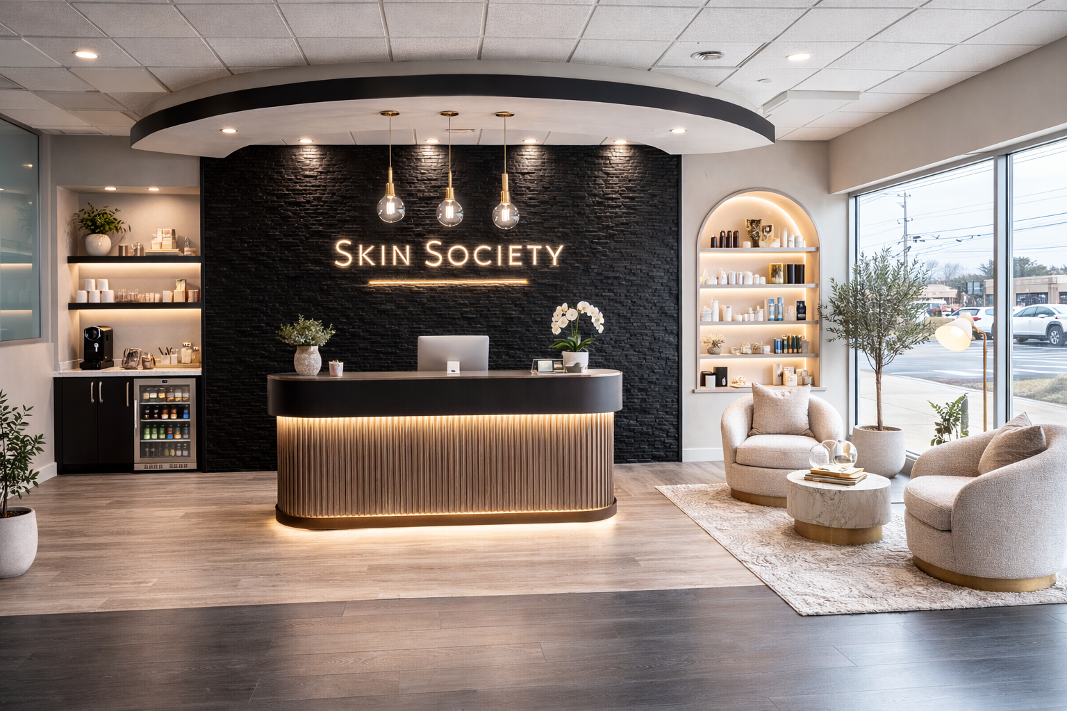 Image of medical spa lobby including front desk and reception chairs.