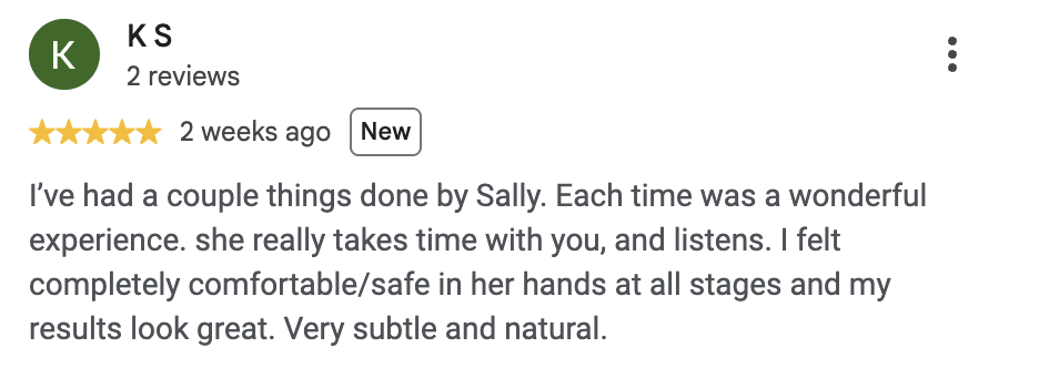 Customer review for Sally, praising her for a positive experience and natural results.