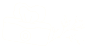 A simple line drawing of a camera with a sprig of leaves on a transparent background for Tiny Feeding Co. in El Paso, TX where they provide lactation services, occupational therapy, virtual consultations for parents, and therapeutic ultrasound