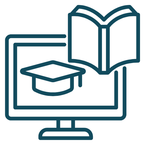 Computer monitor with graduation cap and open book icons to signify webinars and courses that Jacklynn Knotts, OTR/L, IBCLC teaches.