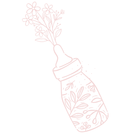 Pink drawing of a baby bottle with flowers coming out of the nozzle on a transparent background for Tiny Feeding Co. in El Paso TX where they provide services for bottle feeding challenges like correct nipple flow, paced feeding, and support.