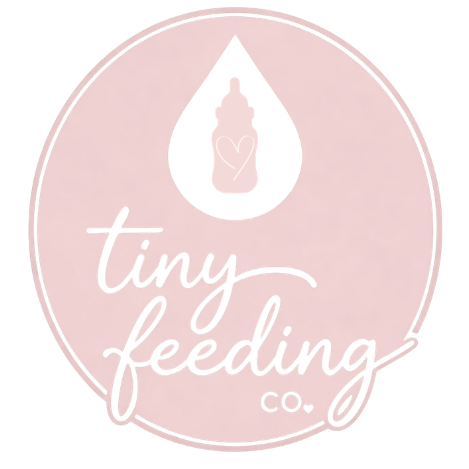 Soft pink logo with tiny feeding co. and a bottle inside a milk drop to represent Tiny Feeding Co. in El Paso, TX where they provide lactation services, occupational therapy, and therapeutic ultrasound for mom and baby