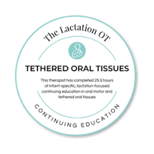 Circular label with the text "The Lactation Of Tethered Oral Tissues" and "Continuing Education," including a small icon of a baby and mother, promoting a certification in this field.