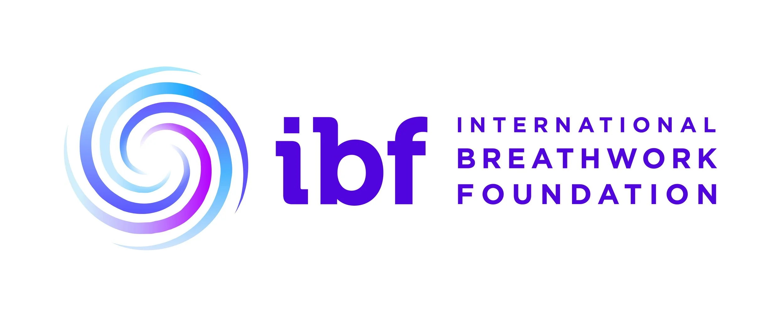 Logo der International Breathwork Foundation mit einem blauen und violetten Spiral-Design und dem Text 'ibf' und 'International Breathwork Foundation'.