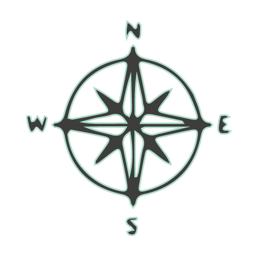 A compass rose with North, East, South, and West directions marked.