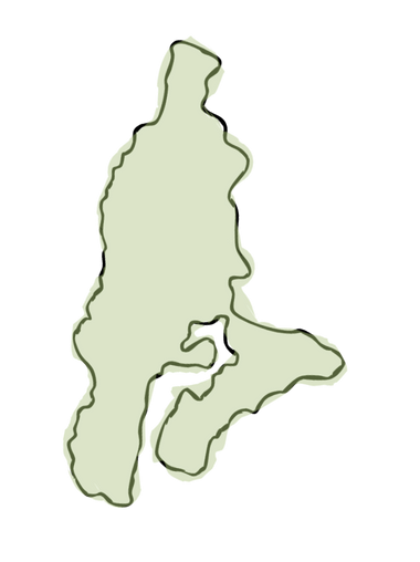 A map showing the outline of a landmass with contour lines indicating elevation.