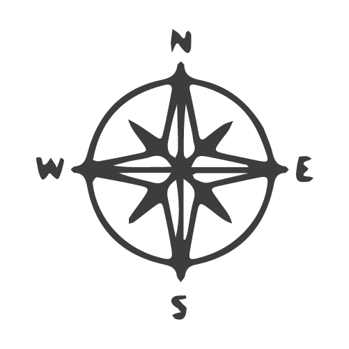 Black and white illustration of a compass rose with cardinal directions N, E, S, W.