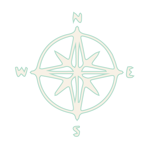 Stylized compass rose with North, East, South, and West directions marked