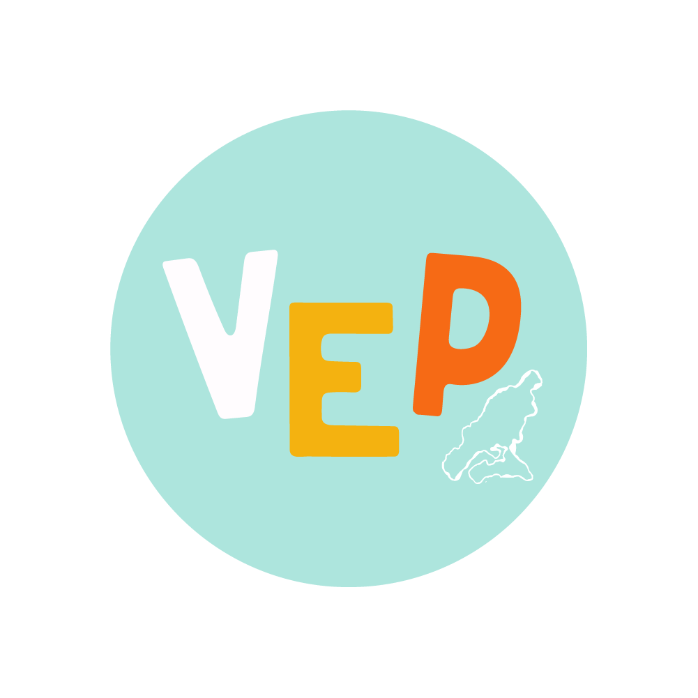 Colorful logo with the letters V, E, and P, each in a different color, on a light blue circle background, with a white outline map of an island at the bottom right.