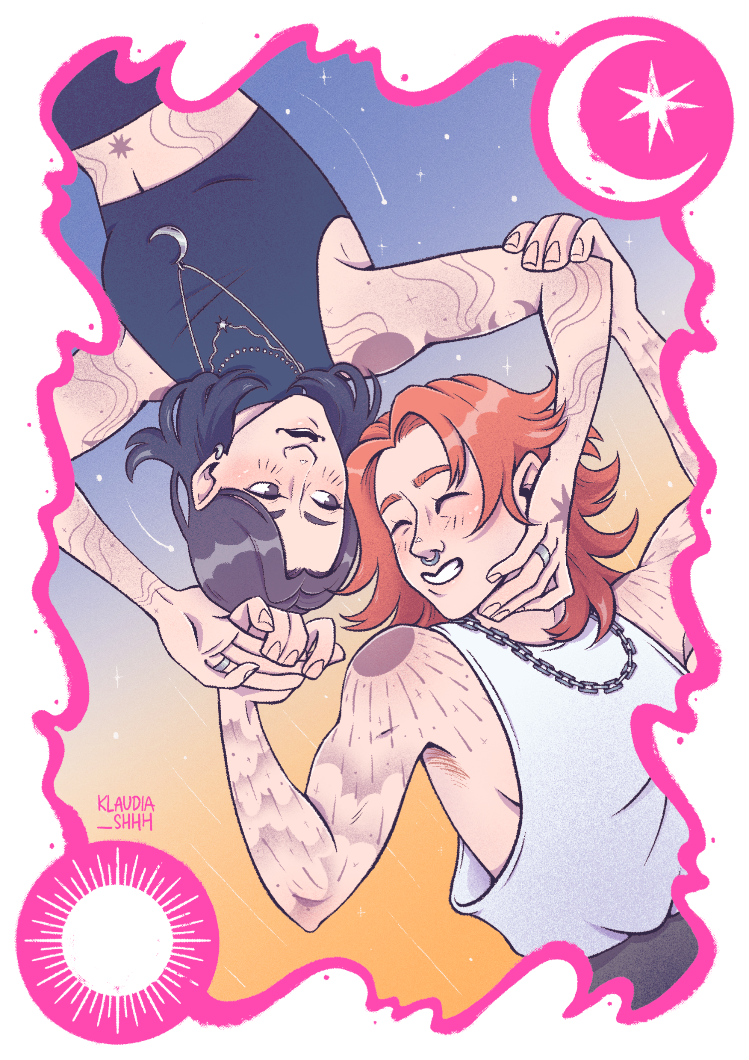 Digital illustration of two women floating through the sky, placed diagonally, with their faces meeting upside down in the middle. They're embracing and smiling at each other. There's a decorative fluo pink border around them with sun and moon symbol