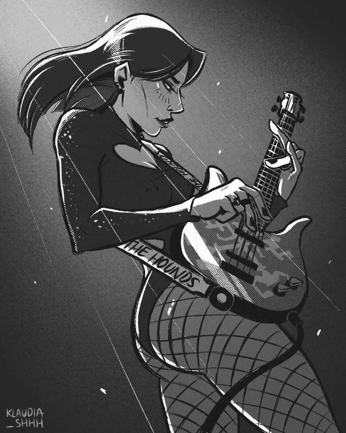 Caitlyn from Arcane - band AU. It's a black and white illustration showing Cait on a stage, playing a bass guitar, from a low angle. Her hair is flowing in the spotlight and she's wearing a tight fitting black outfit and fishnet tights.