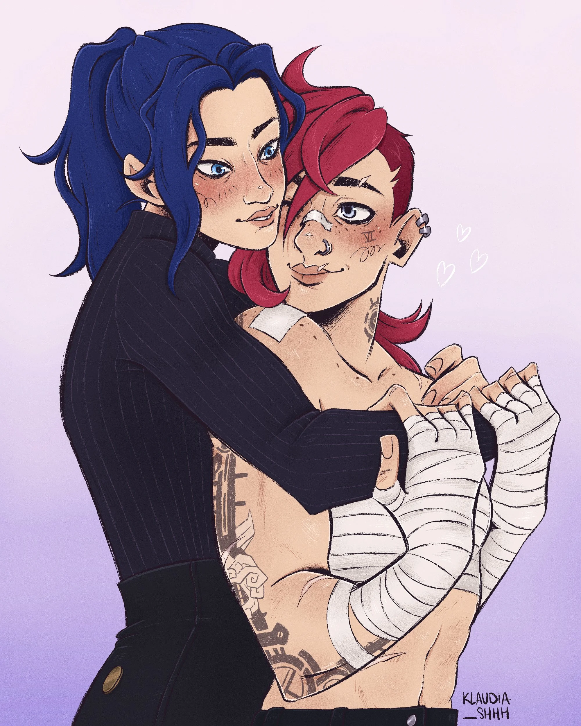 Caitlyn and Vi from Arcane - Caitlyn is embracing Vi from the back, who's looking at her with puppy eyes. The illustration is done in full colour.