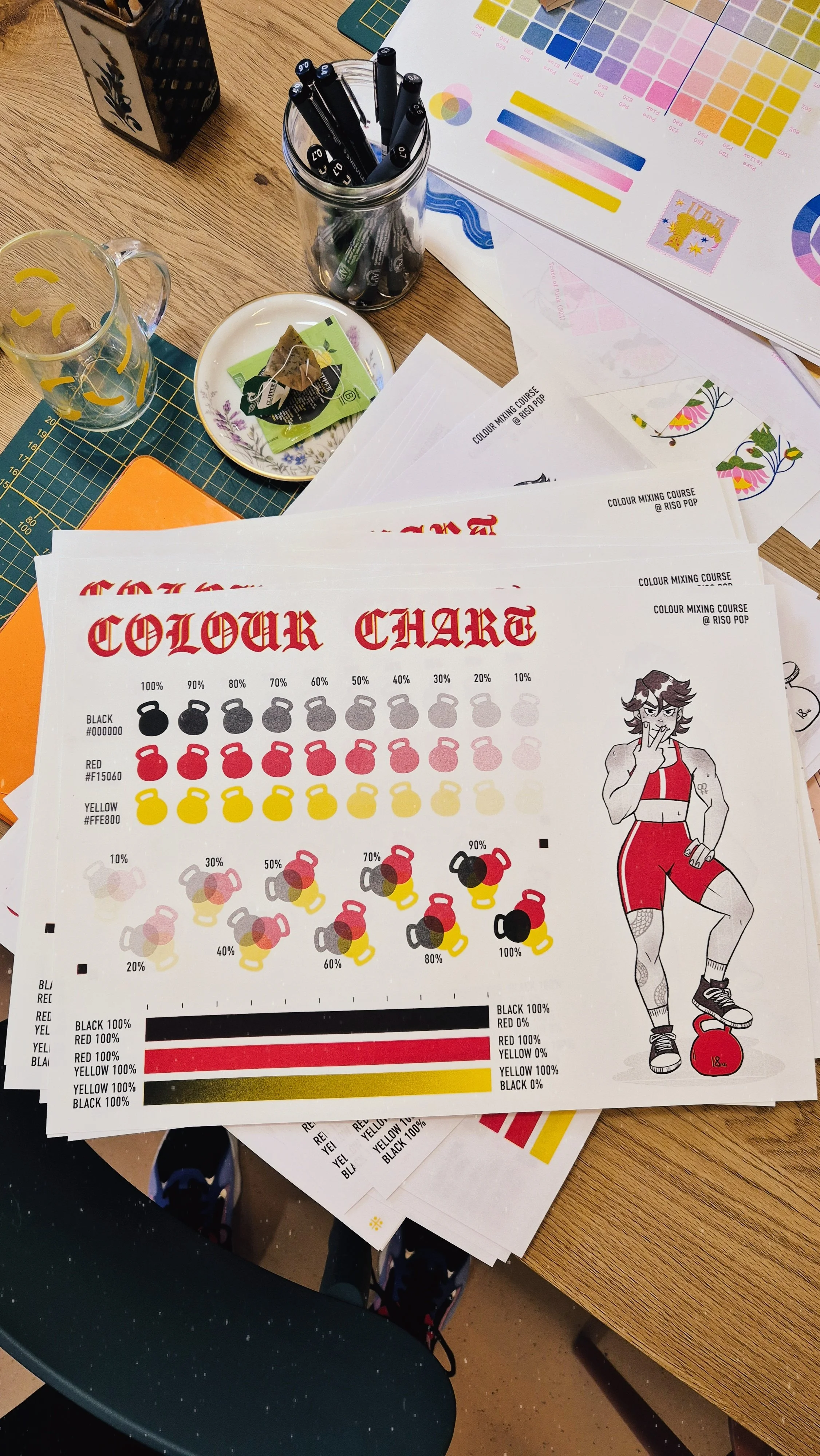 Photo of a colour chart printed on riso laying on the table amongst other papers and prints