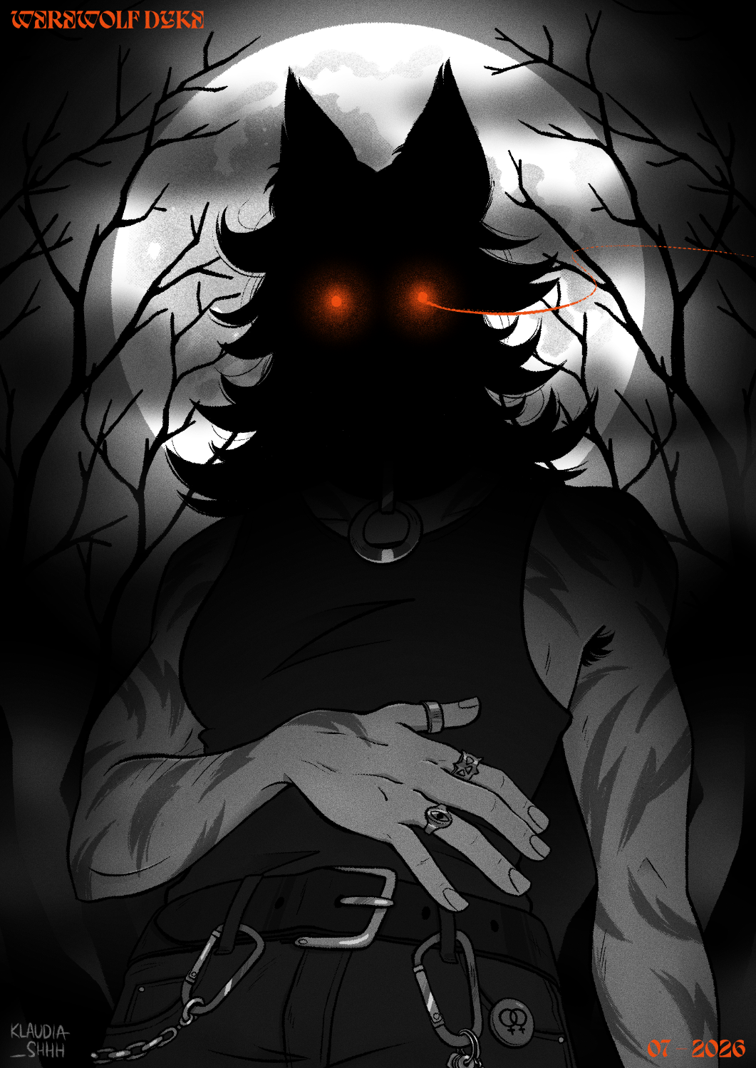 Black and white illustration of a woman standing in a dark forest, with large full moon behind her. Her face is not visible, but the silhouette of her hair and wolf ears stands out against the moon. Her eyes are glowing red. She's wearing black cloth