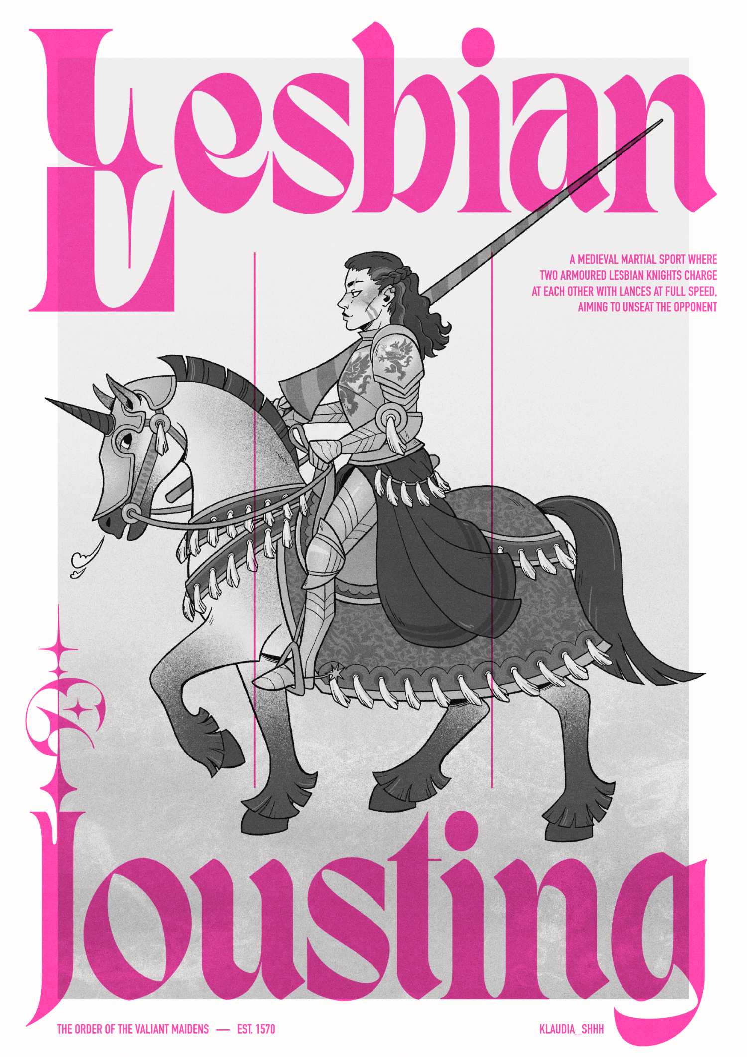 Digital illustration of a female knight sitting at a horse and holding a long lance. She's seen from the side, in a full armor, with a heraldic gryphon on her chest, and some scars on her face. Her wavy hair is down, with the sides braided away from 