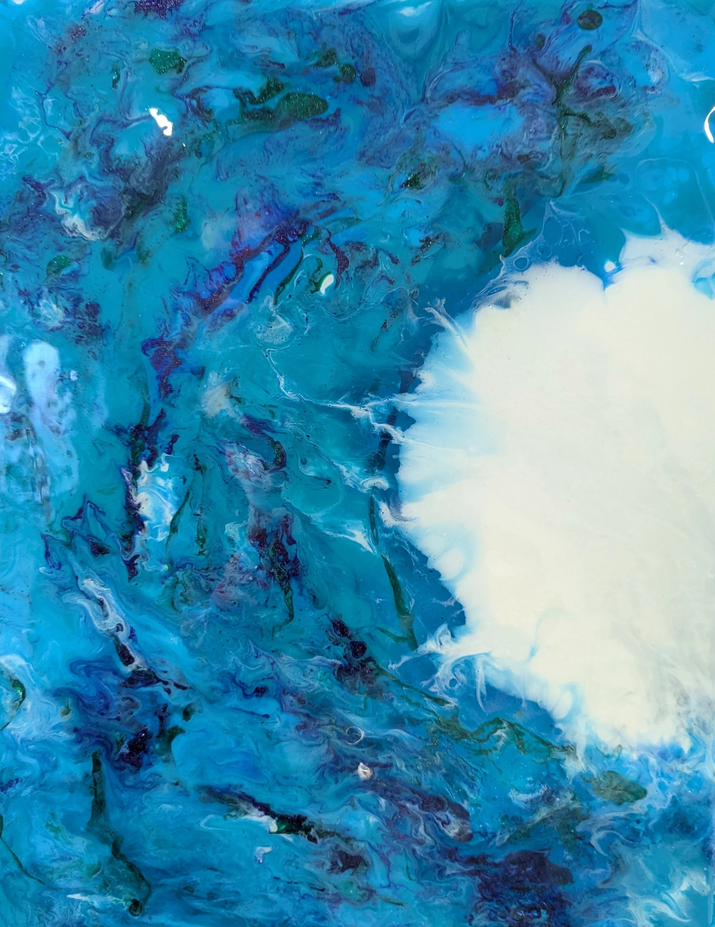 Abstract painting with swirling shades of blue, green, purple, and white.