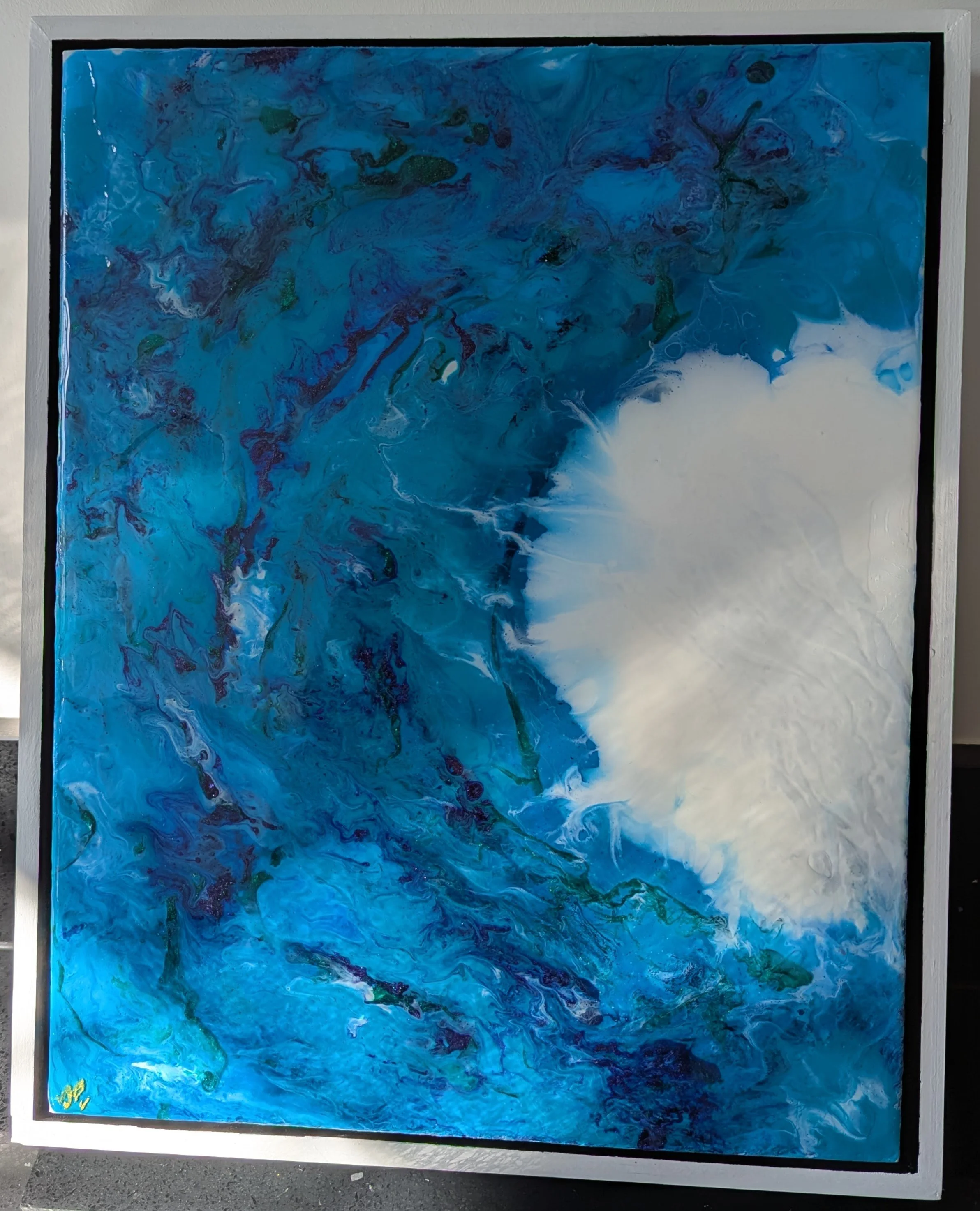 Resin wave using acrylic pour with resin finish - home made floating frame - commissions also taken