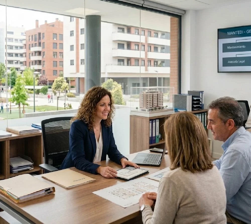 Reunión en oficina con tres personas conversando, mujer de cabello rizado y blazer azul, dos personas de espaldas, en mesa con documentos y laptop, vista de edificios modernos por ventana.