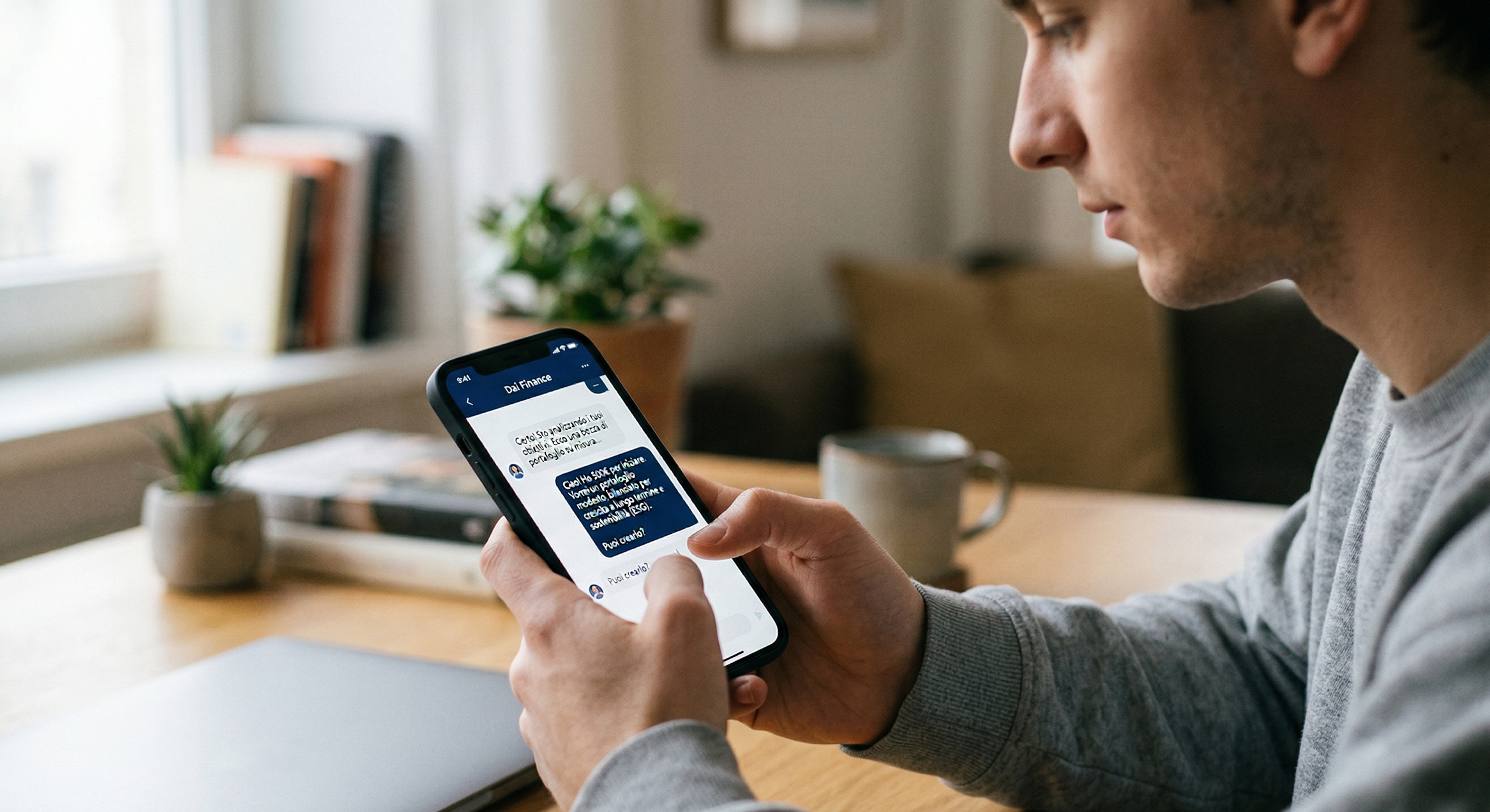 Uomo che usa uno smartphone per leggere una chat di messaggi nella stanza con luce naturale, tavolo con piante e libri sullo sfondo.