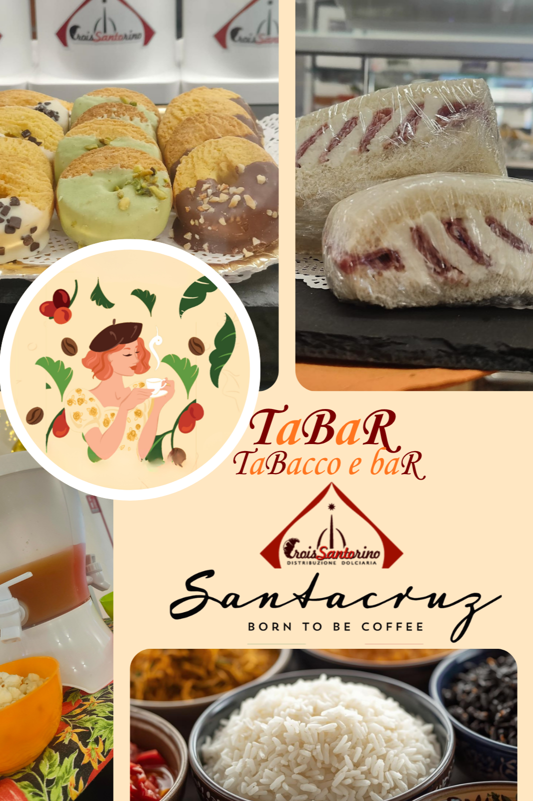 cibi e bevande, tra cui biscotti decorati, sandwich, riso bianco, e vari ingredienti da bar, santacruz come caffè e croisantorino come brioches. primi piatti veloci e secondi con contorno, cibo buono e servizio eccellente