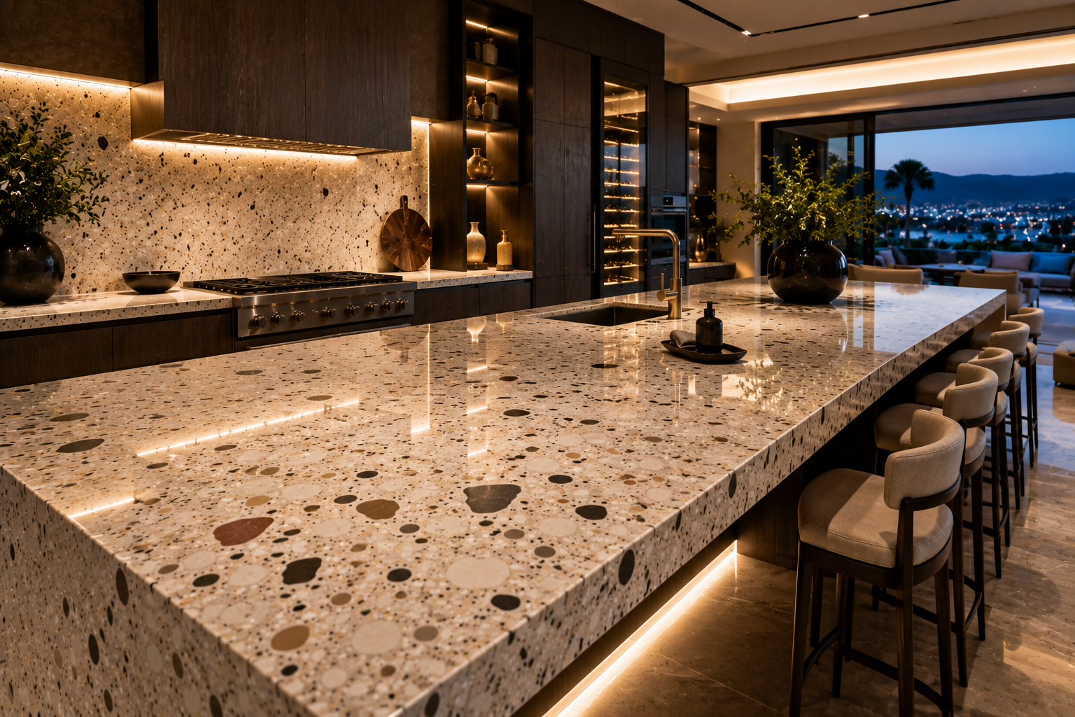 Terrazzo countertop sealing by Mr. Marble and Stone in Vancouver and Los Angeles.