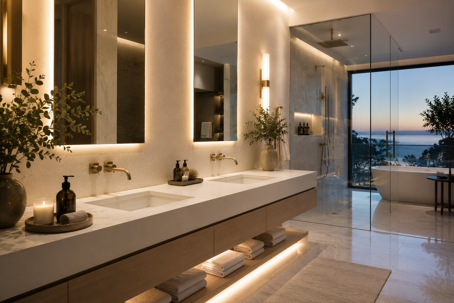 Mr. Marble and Stone quartz vanity sealing and protection in a luxury modern mega mansion bathroom in Los Angeles, California and Vancouver, British Columbia.