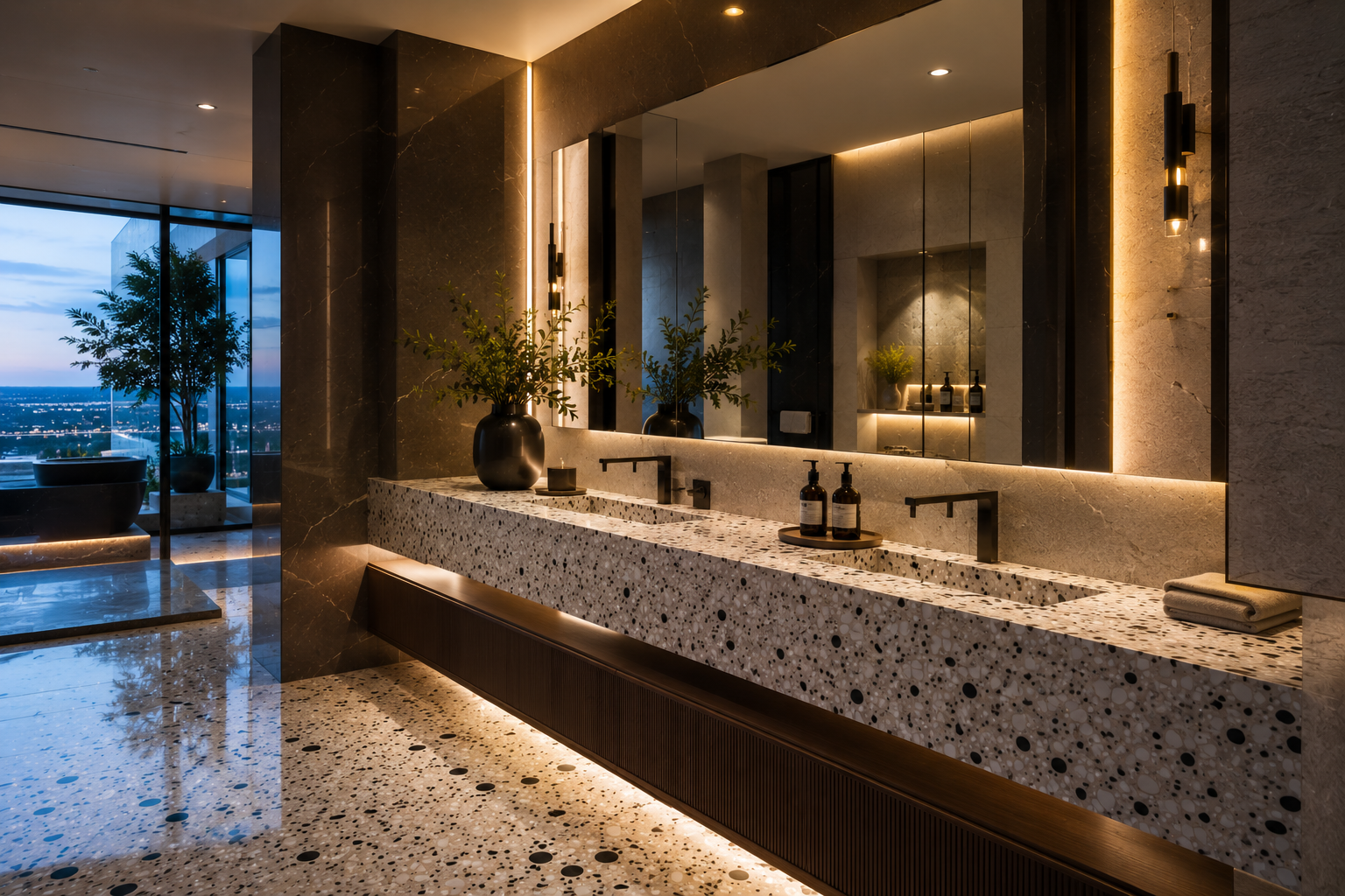 Terrazzo vanity restoration, terrazzo vanity polishing, terrazzo vanity sealing, and terrazzo vanity repair by Mr. Marble and Stone in Vancouver and Los Angeles.