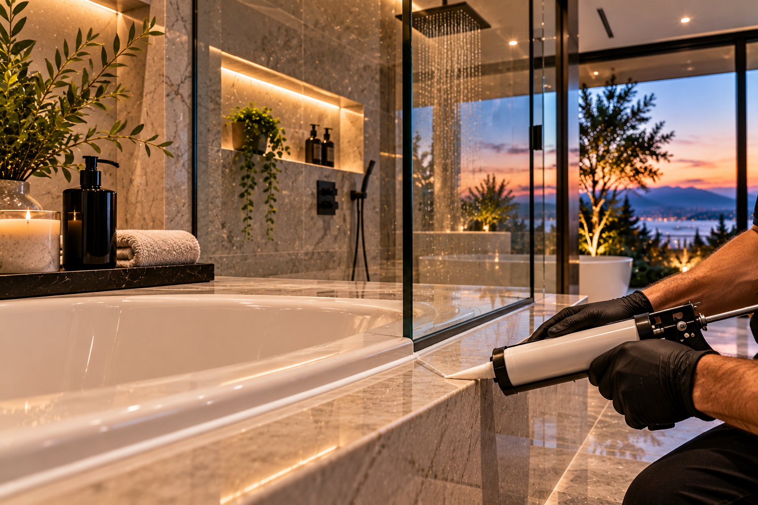 Mr. Marble and Stone silicone replacement in Vancouver and Los Angeles, removing aged, cracked, stained, or failed caulking and applying fresh, durable silicone around bathrooms, showers, kitchens, countertops, vanities, tile, and stone surfaces.