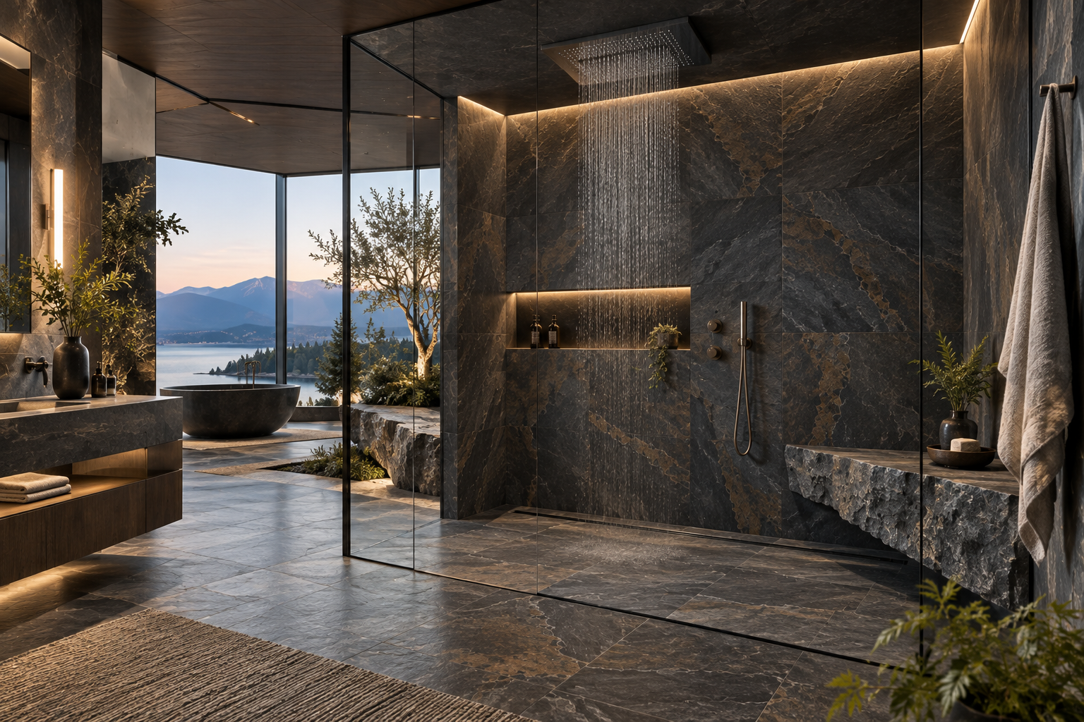 Slate shower installation by Mr. Marble & Stone in Vancouver and Los Angeles, featuring premium natural slate, expert stone installation, waterproof detailing, and luxury shower finishes.