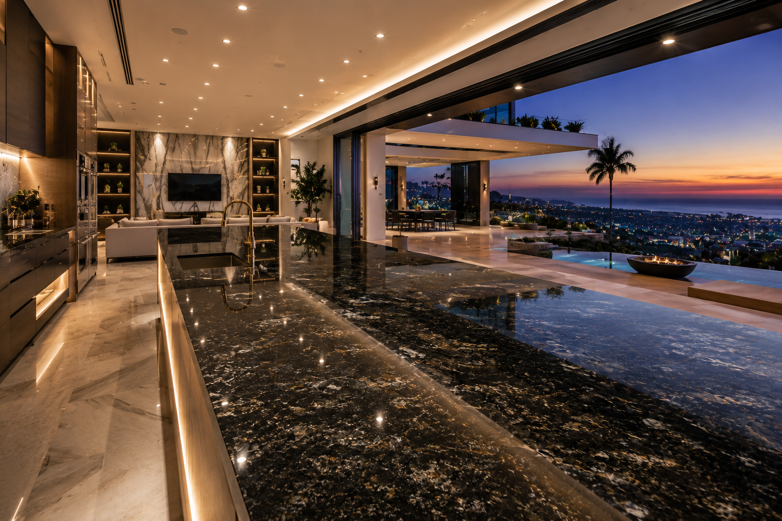 Luxury granite sealing in a modern mega mansion, featuring polished granite countertops, a high-end kitchen, infinity pool, and panoramic views, by Mr. Marble and Stone in Vancouver and Los Angeles.