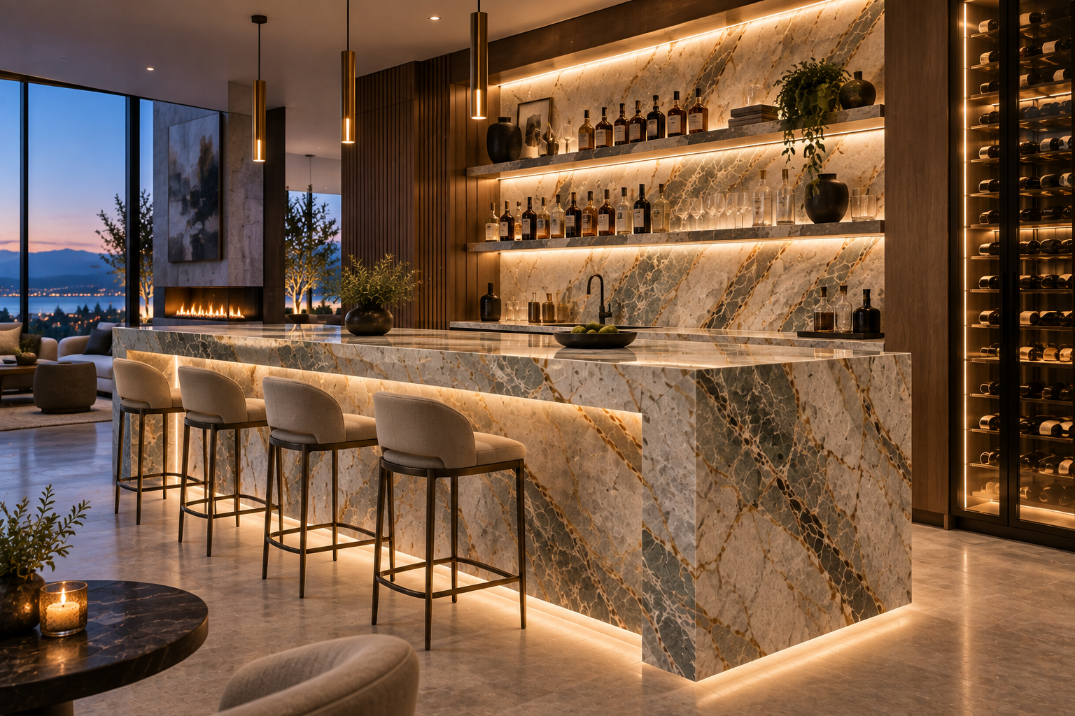 Quartzite bar installation by Mr. Marble and Stone in Vancouver and Los Angeles, featuring custom quartzite bar countertops, luxury quartzite surfaces, quartzite fabrication, and expert quartzite installation.