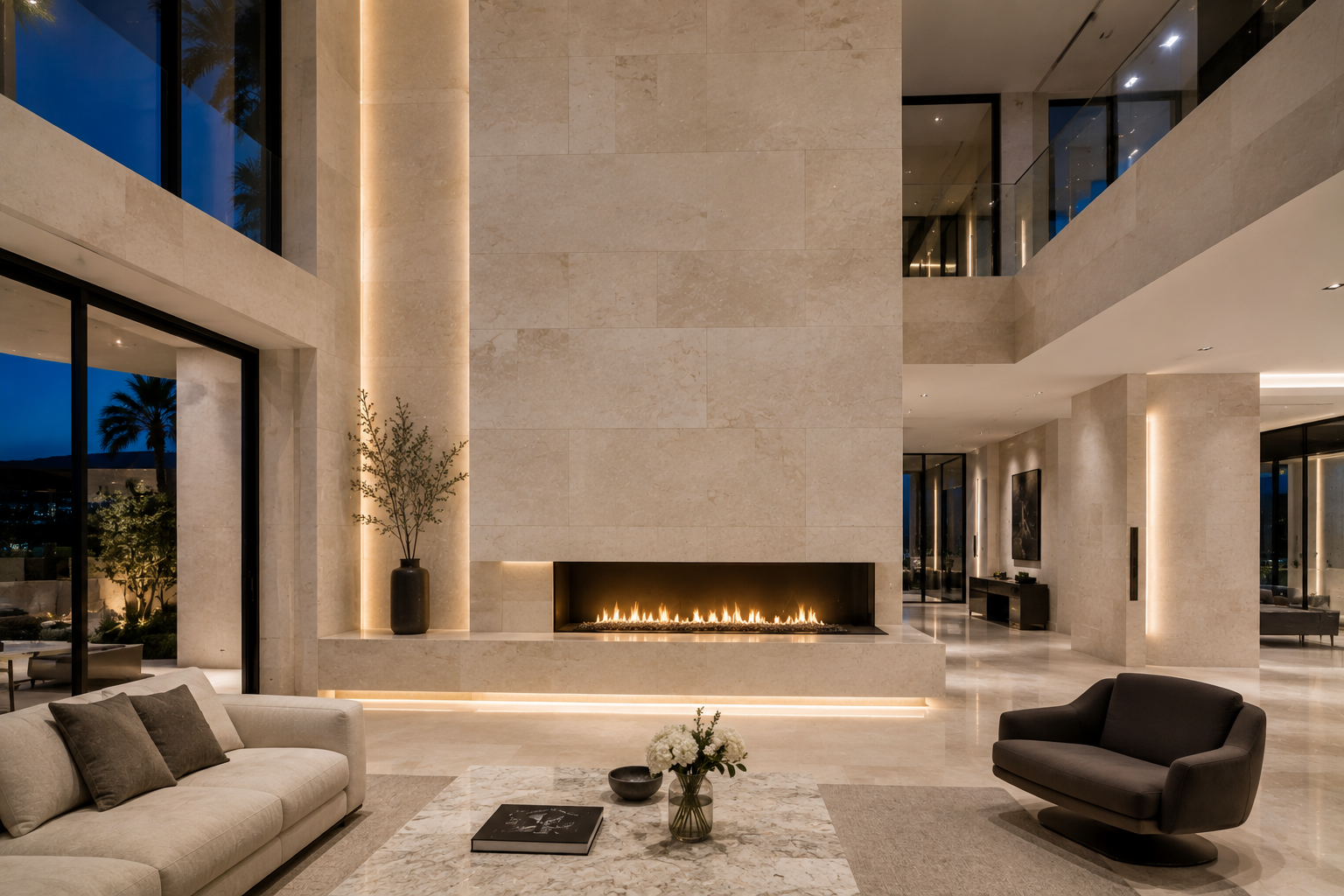 Luxury limestone fireplace restoration in a modern limestone-clad mansion living room. Professional limestone restoration by Mr. Marble and Stone in Vancouver, BC and Los Angeles, CA.