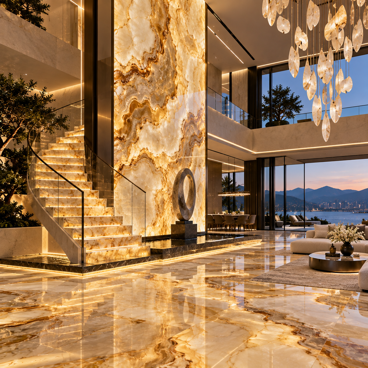 Luxury onyx installation by Mr. Marble & Stone, specializing in onyx countertops, onyx walls, onyx fireplaces, onyx vanities, and custom onyx surfaces for high-end interiors in Vancouver and Los Angeles.