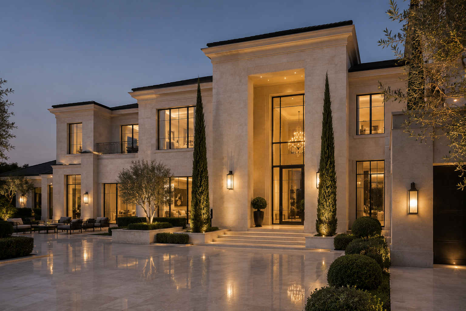 Luxury natural limestone crack repair and limestone patching on a modern limestone mansion exterior. Professional natural stone crack repair by Mr. Marble and Stone in Vancouver, BC and Los Angeles, CA.