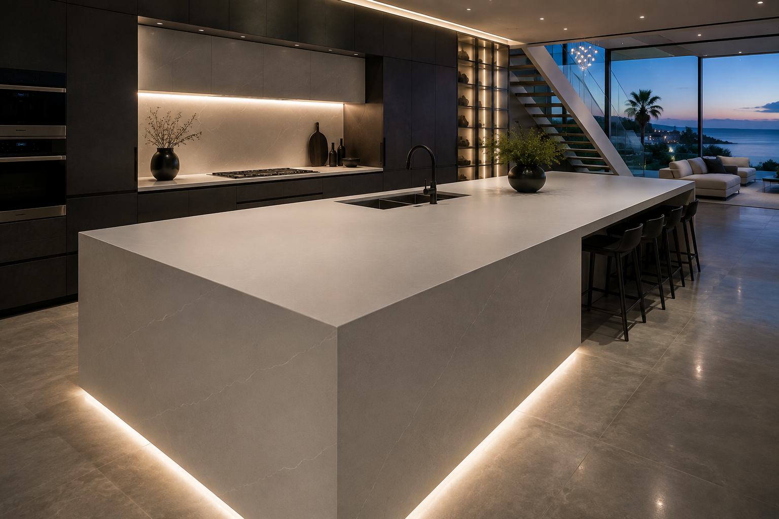 Quartz Honing & Matte Finish by Mr. Marble and Stone, showcasing a luxury modern mansion kitchen in Vancouver and Los Angeles.