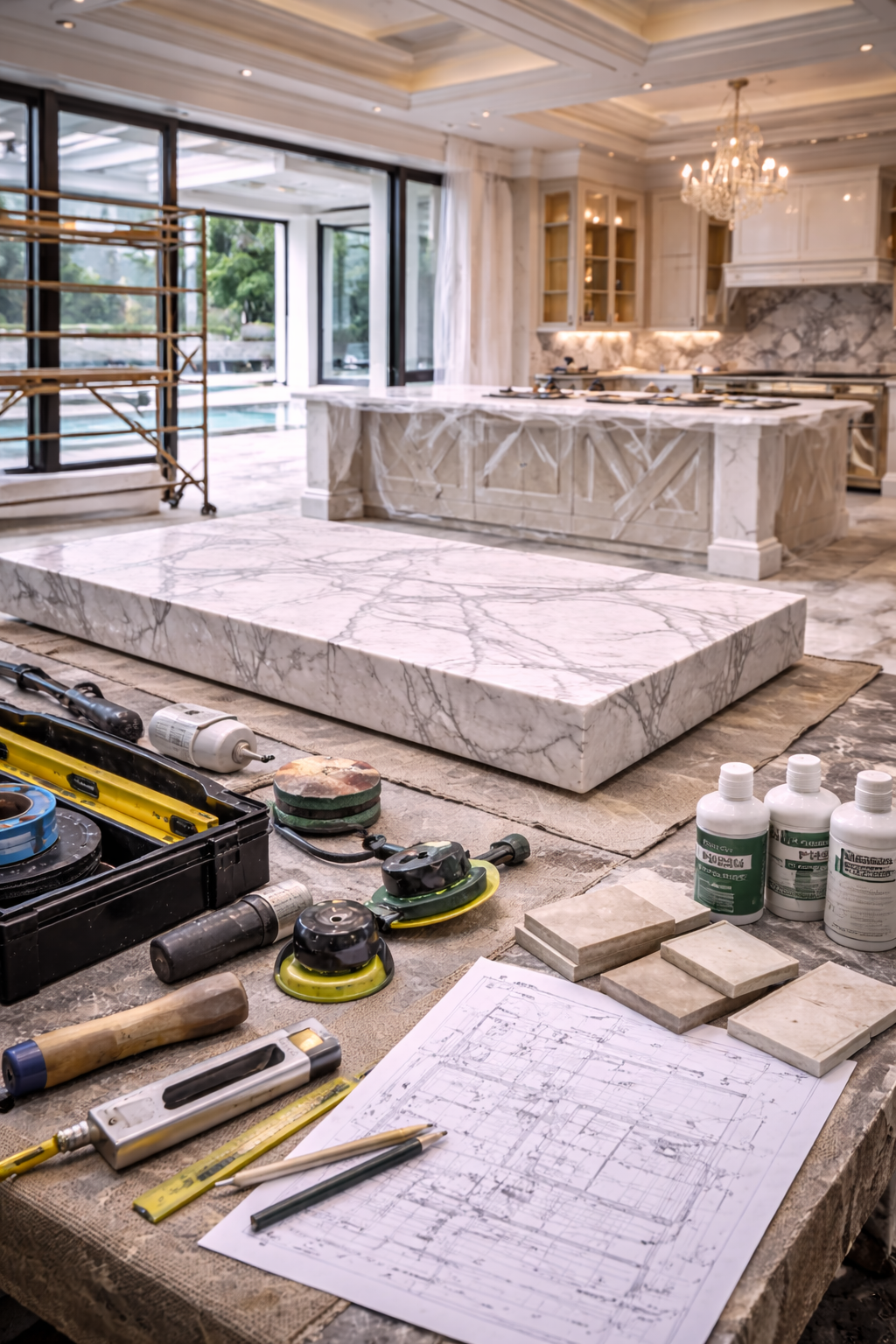 Mr. Marble and Stone stone fabrication, slab cutting, surface preparation, substrate leveling, waterproofing, construction readiness, and precision prep for luxury renovation projects in Vancouver