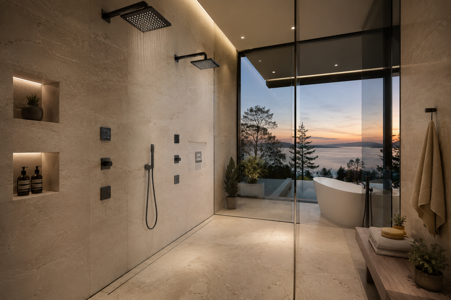 Luxury limestone shower sealing in a modern spa-inspired bathroom, protecting natural limestone from moisture and stains. Professional stone sealing by Mr. Marble and Stone in Vancouver, BC and Los Angeles, CA.