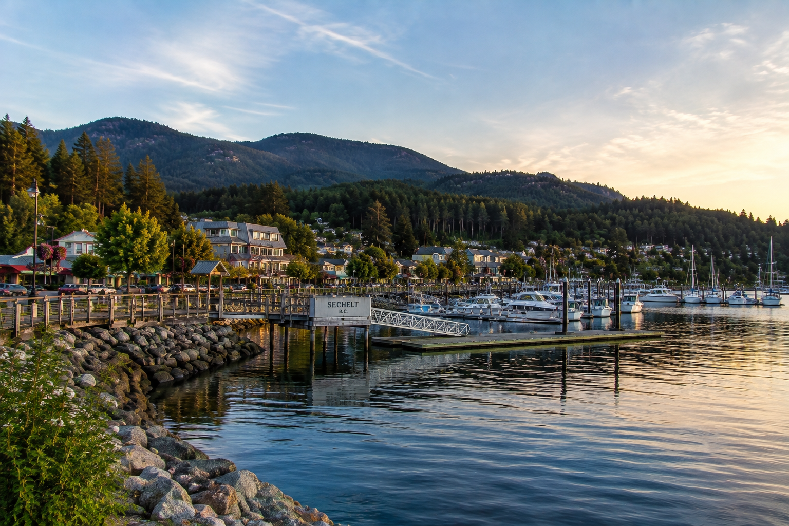 Sunshine Coast, British Columbia with a beautiful coastal shoreline, calm Pacific waters, lush forests, and scenic mountain views, representing Mr. Marble and Stone’s Sunshine Coast service area.