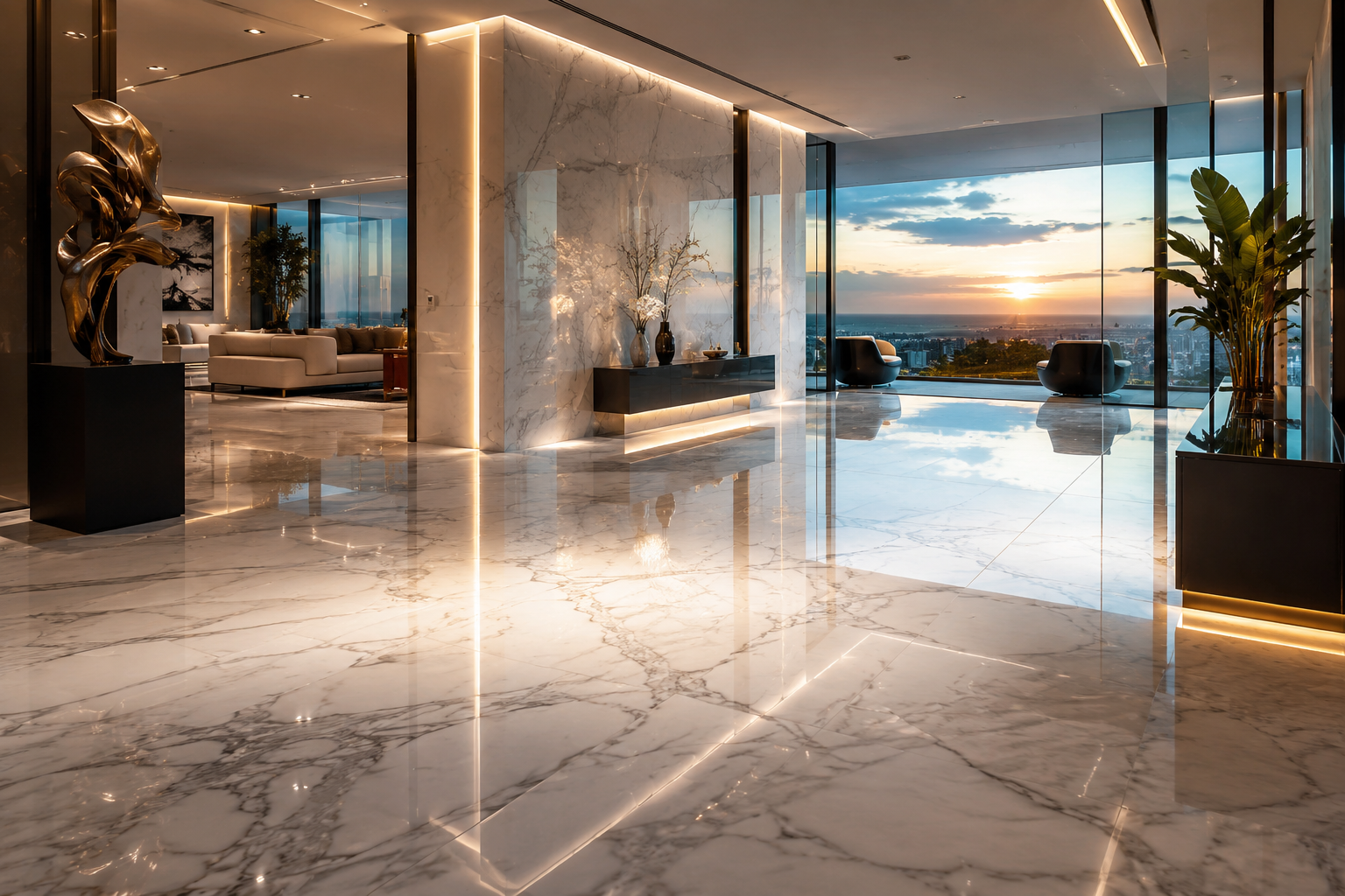 Luxury marble floor restoration in a modern high-end interior by Mr. Marble and Stone, serving Vancouver and Los Angeles, showcasing beautifully restored, polished, and reflective marble flooring.